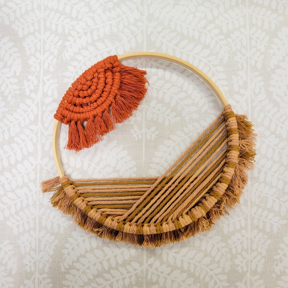 handmade macrame desert sun on wood hoop